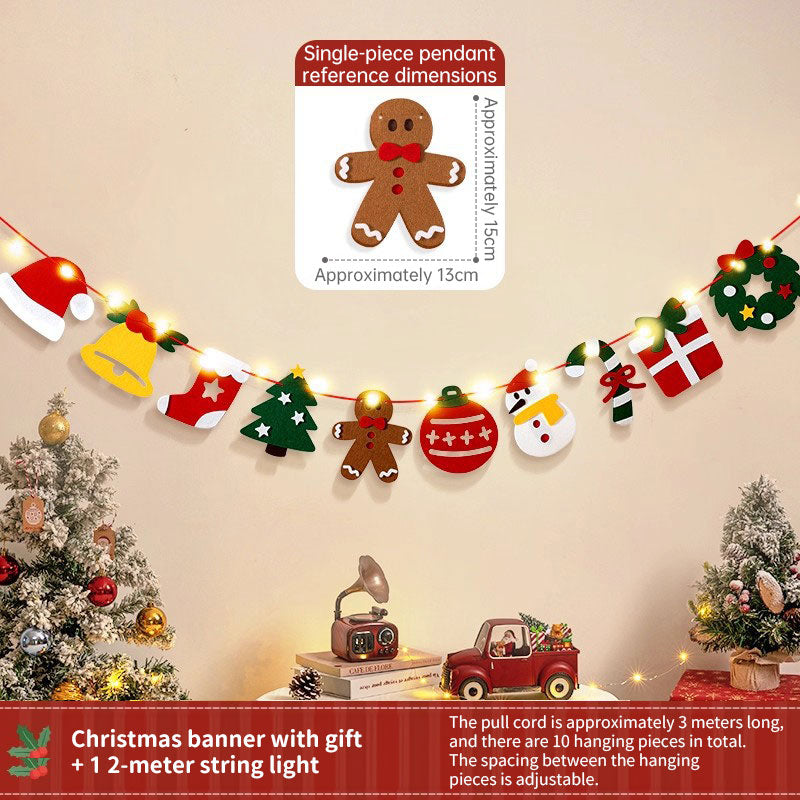 Handmade Pull String Flag Banner, LED String Lights, Christmas Holiday Background Decor