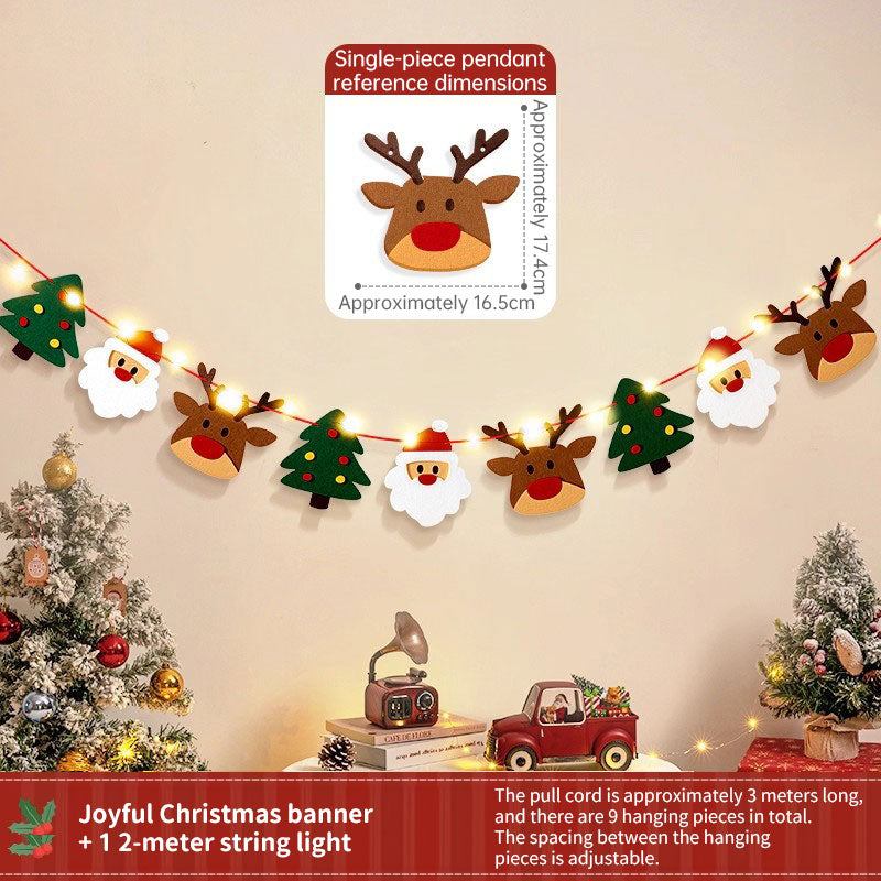 Handmade Pull String Flag Banner, LED String Lights, Christmas Holiday Background Decor