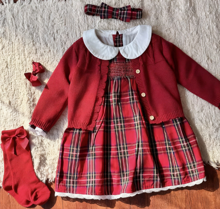 New Year plaid girls' doll collar dress
