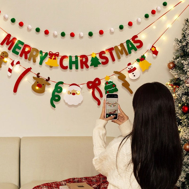 Handmade Pull String Flag Banner, LED String Lights, Christmas Holiday Background Decor
