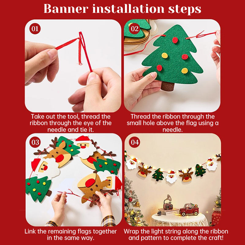 Handmade Pull String Flag Banner, LED String Lights, Christmas Holiday Background Decor