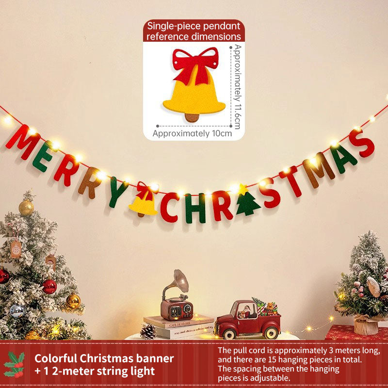 Handmade Pull String Flag Banner, LED String Lights, Christmas Holiday Background Decor