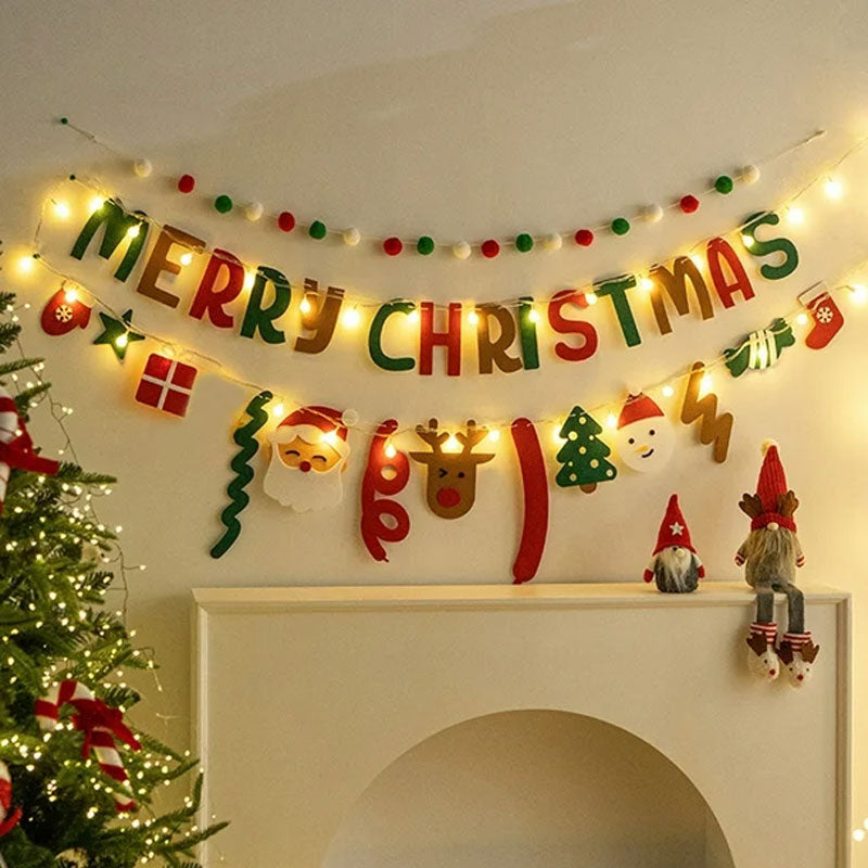 Handmade Pull String Flag Banner, LED String Lights, Christmas Holiday Background Decor